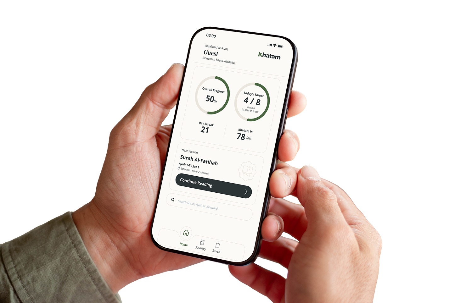 Hand holding a smartphone displaying the Khatam app
